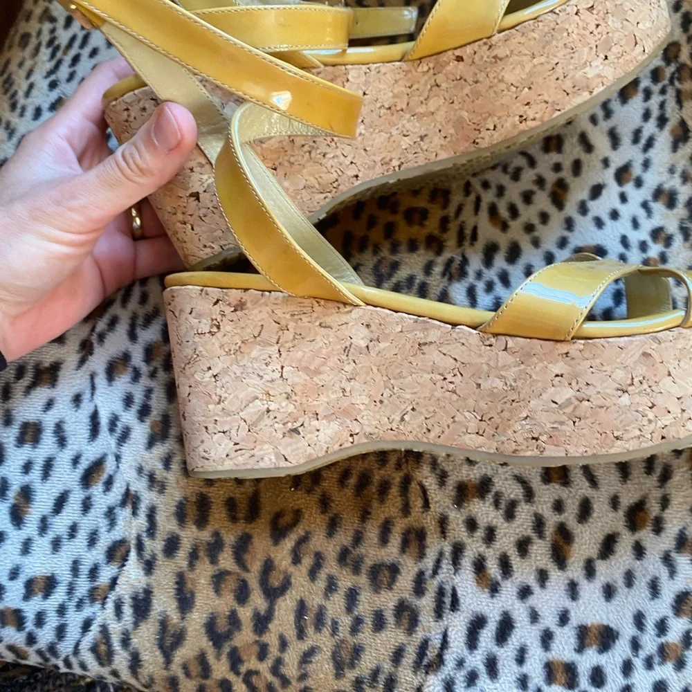 Jimmy Choo patent leather Yellow Cork Wedge Sandals